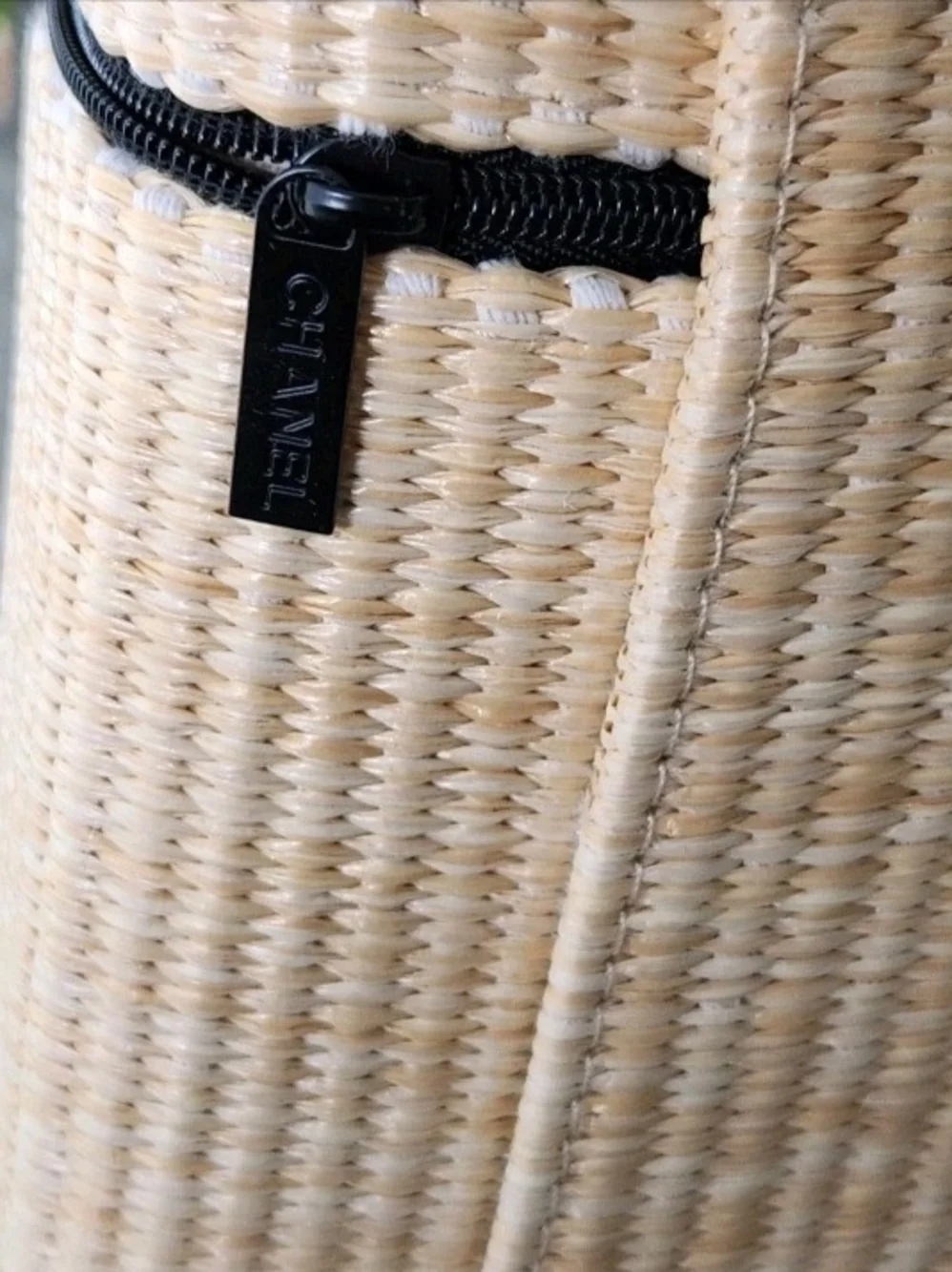 CHANEL Beauté Beige Woven Cosmetic Case with Black Trim and Logo - New!